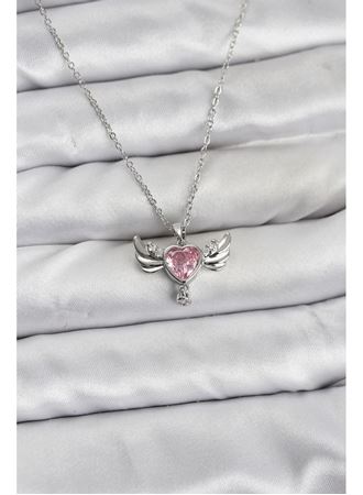 316L Çelik Zincir Gümüş Renk Kanatlı Kalp Model Zirkon Taşlı Kadın Kolye