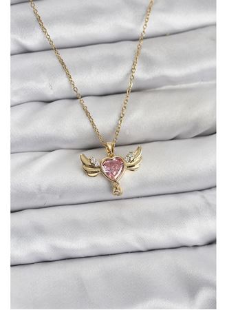 316L Çelik Zincir Gold Renk Kanatlı Kalp Model Zirkon Taşlı Kadın Kolye