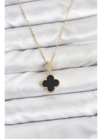 316L Çelik Zincir Gold Renk Yonca Model Zirkon Taşlı Kadın Kolye