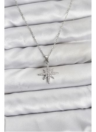 316L Çelik Zincir Gümüş Renk Kutup Yıldızı Model Zirkon Taşlı Kadın Kolye