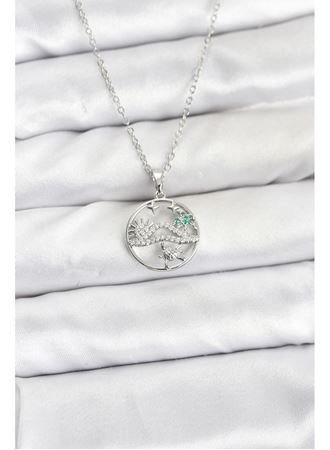 316L Çelik Zincir Gümüş Renk Şans Kolyesi Model Zirkon Taşlı Kadın Kolye