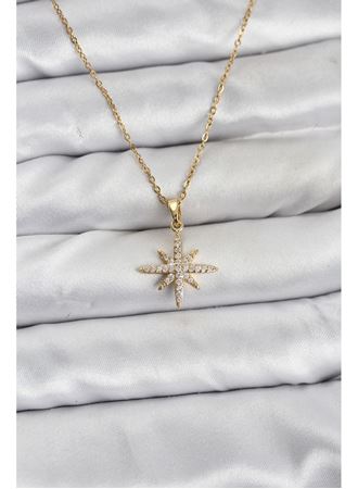 316L Çelik Zincir Gold Renk Kutup Yıldızı Model Zirkon Taşlı Kadın Kolye