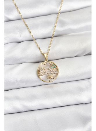 316L Çelik Zincir Gold Renk Şans Kolyesi Model Zirkon Taşlı Kadın Kolye