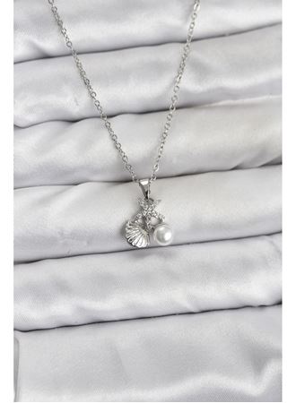 316L Çelik Zincir Gümüş Renk Deniz Kabuğu ve Deniz Yıldızı Model Zirkon Taşlı Kadın Kolye