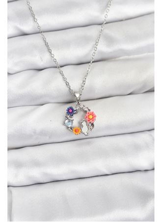 316L Çelik Zincir Gümüş Renk Çiçekli Kedili Model Kadın Kolye