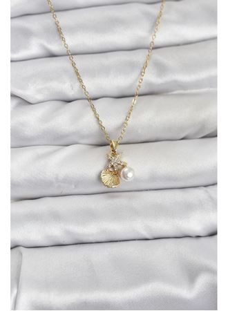 316L Çelik Zincir Gold Renk Deniz Kabuğu ve Deniz Yıldızı Model Zirkon Taşlı Kadın Kolye