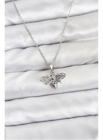 316L Çelik Zincir Gümüş Renk Sinek Model Zirkon Taşlı Kadın Kolye