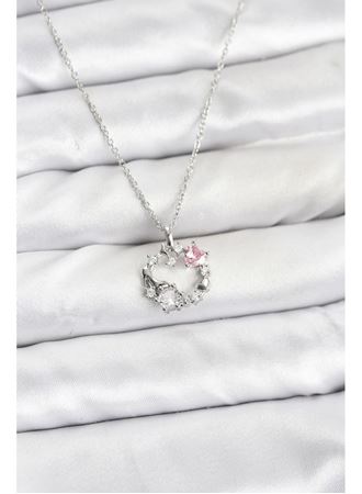 316L Çelik Zincir Gümüş Renk Pembe Taş Detaylı Çelenk Model Kadın Kolye