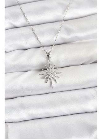 316L Çelik Zincir Gümüş Renk Kutup Yıldızı Model Zirkon Taşlı Kadın Kolye