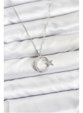 316L Çelik Zincir Gümüş Renk Ay Yıldız Model Zirkon Taşlı Kadın Kolye