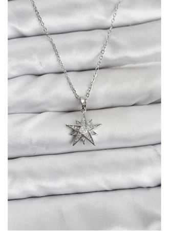 316L Çelik Zincir Gümüş Renk Yıldız Model Zirkon Taşlı Kadın Kolye