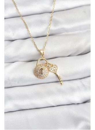 316L Çelik Zincir Gold Renk Kilit Anahtar Model Zirkon Taşlı Kadın Kolye