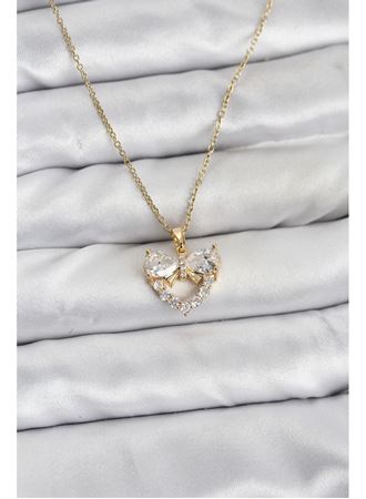 316L Çelik Zincir Gold Renk Kalp ve Fiyonk Model Zirkon Taşlı Kadın Kolye