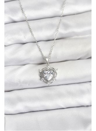 316L Çelik Zincir Gümüş Renk Kalp Model Zirkon Taşlı Kadın Kolye