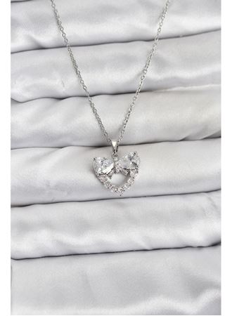 316L Çelik Zincir Gümüş Renk Kalp ve Fiyonk Model Zirkon Taşlı Kadın Kolye