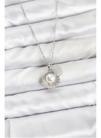316L Çelik Zincir Gümüş Renk İncili Deniz Kabuğu Model Zirkon Taşlı Kadın Kolye