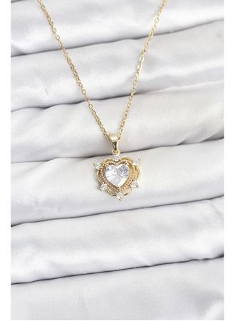 316L Çelik Zincir Gold Renk Kalp Model Zirkon Taşlı Kadın Kolye