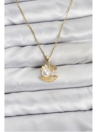 316L Çelik Zincir Gold Renk İstiridye İnci Model Zirkon Taşlı Kadın Kolye