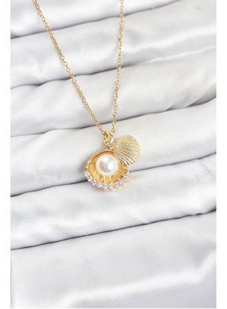316L Çelik Zincir Gold Renk İncili Deniz Kabuğu Model Zirkon Taşlı Kadın Kolye
