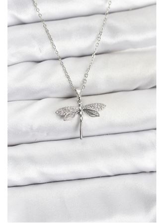 316L Çelik Zincir Gümüş Renk Yusufçuk Model Zirkon Taşlı Kadın Kolye