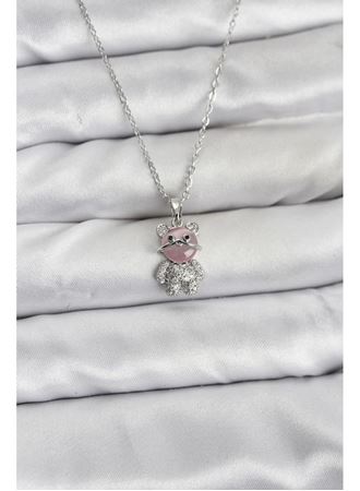 316L Çelik Zincir Gümüş Renk Teddy Bear Model Zirkon Taşlı Kadın Kolye