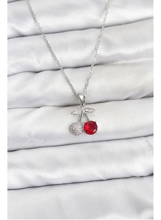 316L Çelik Zincir Gümüş Renk Kiraz Model Zirkon Taşlı Kadın Kolye