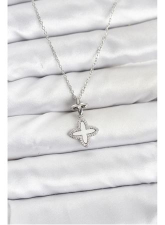 316L Çelik Zincir Gümüş Renk 4 Yapraklı Yonca Model Zirkon Taşlı Kadın Kolye