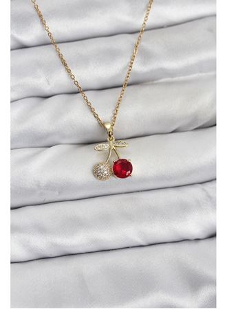 316L Çelik Zincir Gold Renk Kiraz Model Zirkon Taşlı Kadın Kolye