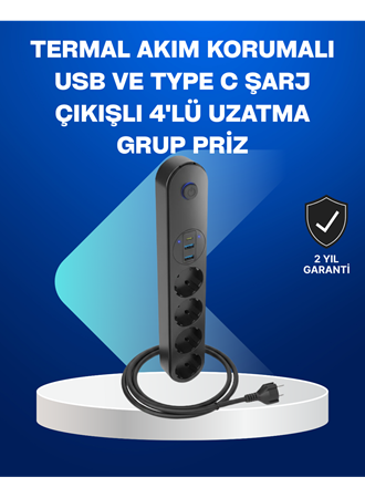 Akıllı Akım Dengelemeli 4’lü Çoklu Priz Type-C ve USB Çıkışlı