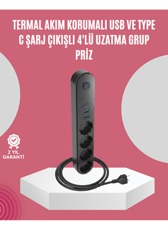 Led Anahtarlı Akım Korumalı Çoklu Priz 4 Priz 3 USB Girişli