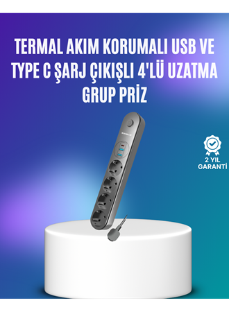 4’lü Çoklu Priz 2 USB Type-C Girişli Akım Korumalı Siyah