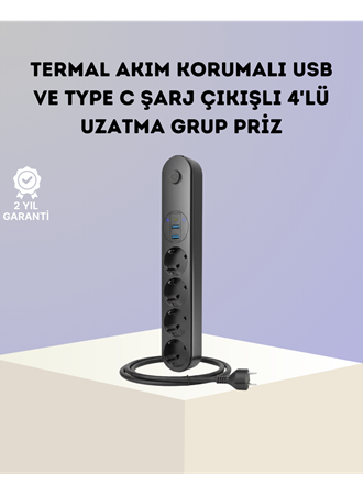 Akım Korumalı Çoklu Priz 4’lü 2 USB 1 Type-C 2500W Güçlü Tasarım