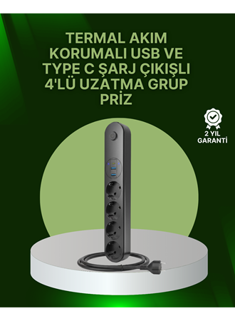 4 Priz 2 USB 1 Type-C Akım Korumalı Çoklu Priz Led Anahtarlı