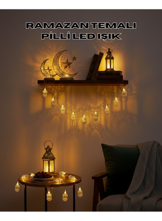 Altın Fener Detaylı Pilli Ramazan LED Işık Ev Dekorasyonu