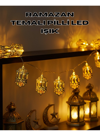 Pilli Ramazan Işıkları Altın Renk Fener Figürlü LED Süsleme
