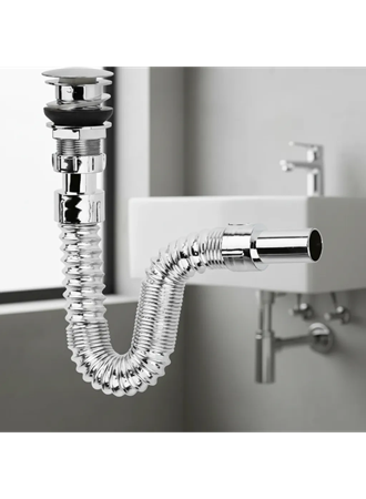 Krom Basmalı Sifon -Körüklü Sifon Bas Stoplu Lavabo Mutfak Sifonu-Paslanmaz (