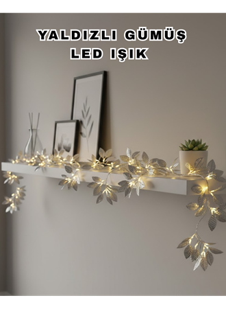 Yaldızlı Gümüş Yaprak LED Işık Pilli Dekoratif Ortam ve Yılbaşı Aydınlatması