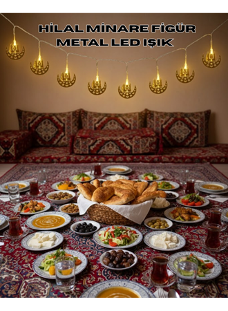 Pilli Minareli Hilal LED Işık Gold Metal Ramazan Dekorasyonu