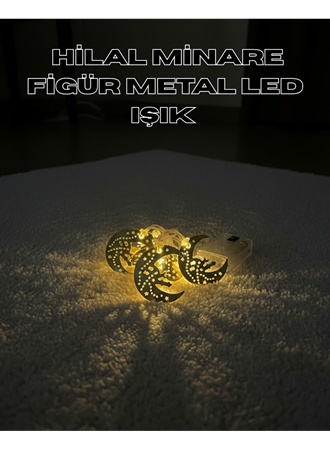 Gold Renk Metal Minareli Hilal LED Işık Pilli Ramazan Süsü