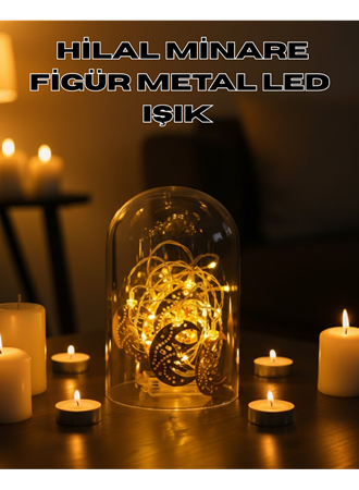 Ramazan Minare Detaylı Hilal LED Işık Günışığı Sarı Metal Süs