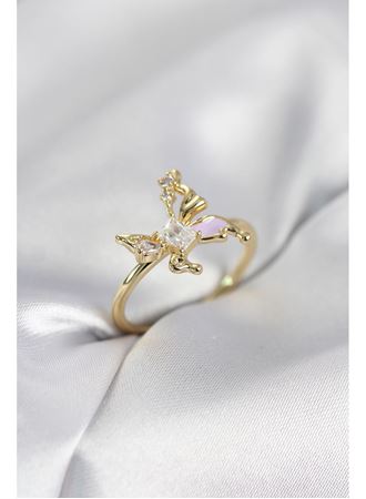 Gold Renk Kelebek Model Zirkon Taşlı Kadın Yüzük