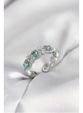 Mavi Taşlı Gümüş Renk Vintage Kadın Yüzük