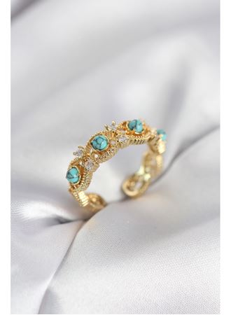 Mavi Taşlı Gold Renk Vintage Kadın Yüzük