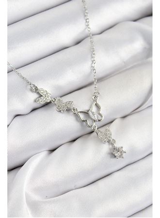 316L Çelik Zirkon Taşlı Kelebek Model Gümüş Renk Kadın Kolye