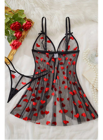 Kalp Desenli Siyah Transparan Tül Gecelik TM1378