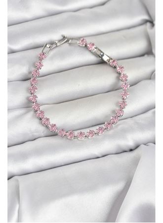 Pembe Kare Zirkon Taşlı Gümüş Renk Pirinç Su Yolu Kadın Bileklik