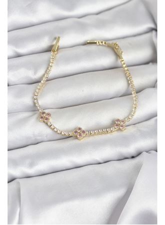 Pembe Yonca Detaylı Zirkon Taşlı Gold Renk Pirinç Su Yolu Kadın Bileklik