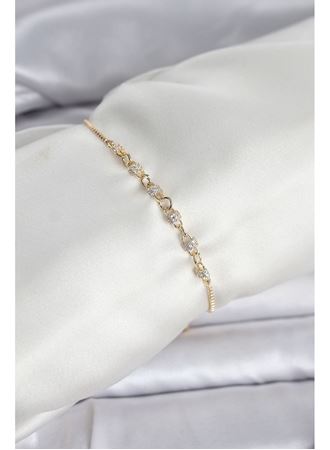 Gold Renk Zincir Model Zirkon Taşlı Pirinç Asansörlü Kadın Bileklik