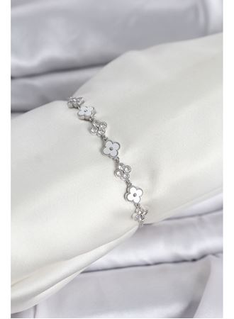 Gümüş Renk Zirkon Taşlı Sıralı Yonca Model Asansörlü Kadın Bileklik