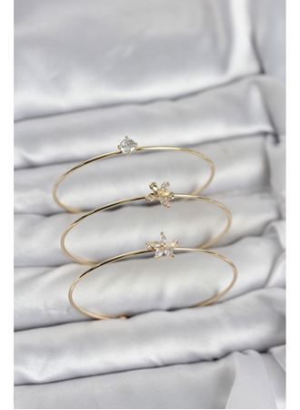 Gold Renk Zirkon Taşlı Pirinç 3'lü Kadın Bileklik Kombini